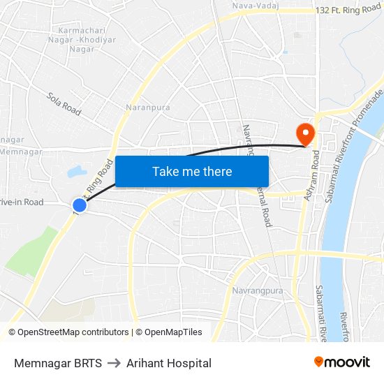 Memnagar BRTS to Arihant Hospital map