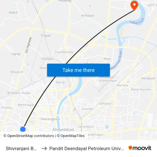 Shivranjani BRTS to Pandit Deendayal Petroleum Univeristy map