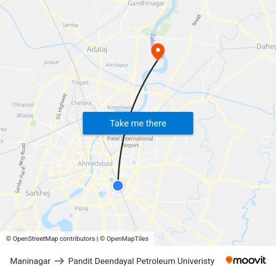 Maninagar to Pandit Deendayal Petroleum Univeristy map