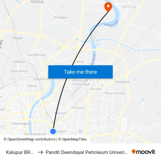 Kalupur BRTS to Pandit Deendayal Petroleum Univeristy map