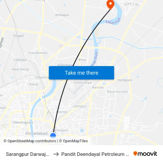 Sarangpur Darwaja BRTS to Pandit Deendayal Petroleum Univeristy map
