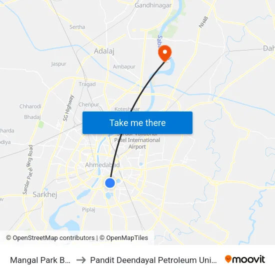Mangal Park BRTS to Pandit Deendayal Petroleum Univeristy map