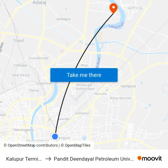 Kalupur Terminus to Pandit Deendayal Petroleum Univeristy map