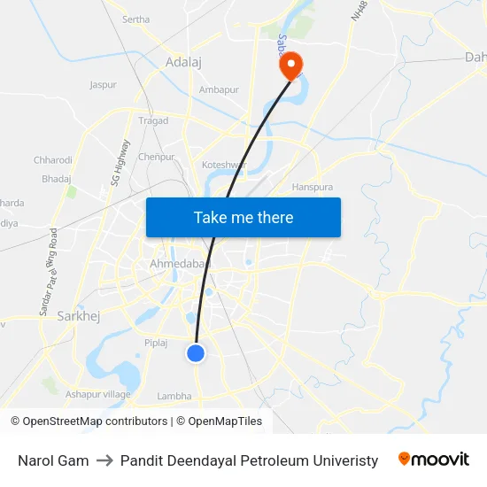 Narol Gam to Pandit Deendayal Petroleum Univeristy map