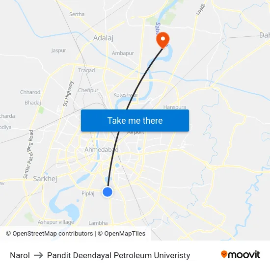 Narol to Pandit Deendayal Petroleum Univeristy map