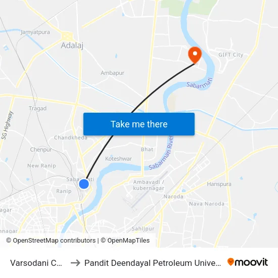 Varsodani Chali to Pandit Deendayal Petroleum Univeristy map
