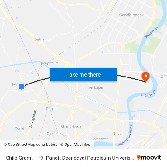 Shilp Gram-1 to Pandit Deendayal Petroleum Univeristy map