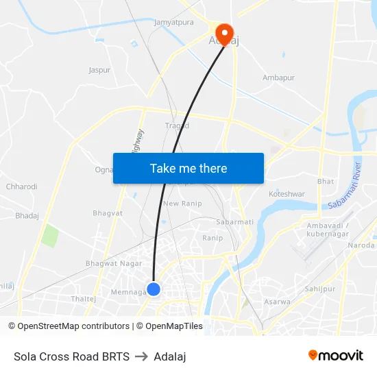Sola Cross Road BRTS to Adalaj map