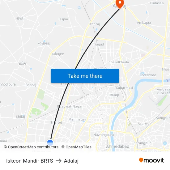Iskcon Mandir BRTS to Adalaj map