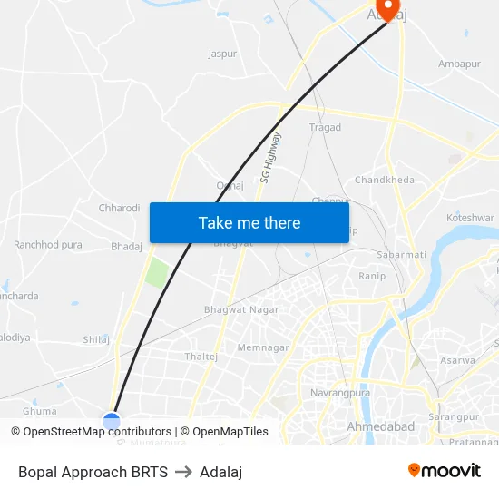 Bopal Approach BRTS to Adalaj map