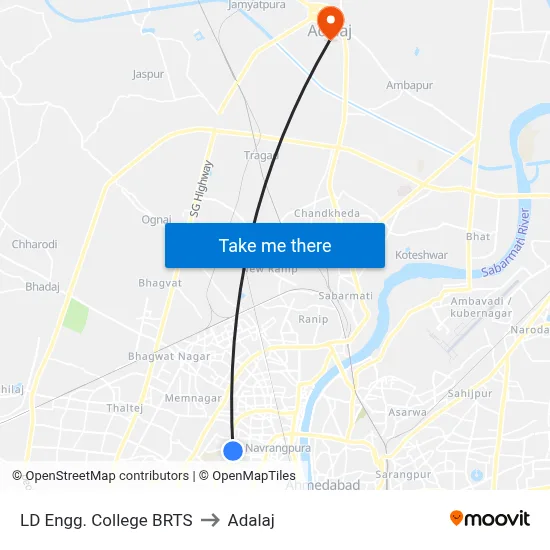 LD Engg. College BRTS to Adalaj map