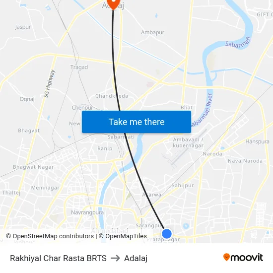 Rakhiyal Char Rasta BRTS to Adalaj map