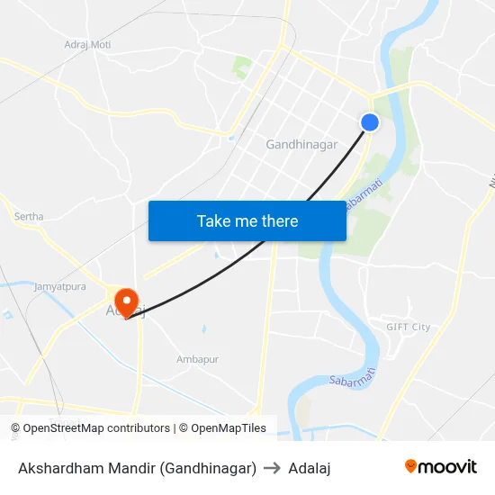 Akshardham Mandir (Gandhinagar) to Adalaj map