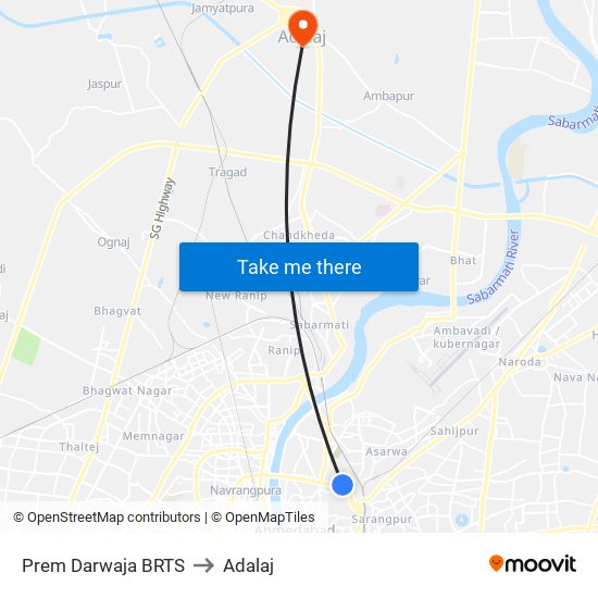 Prem Darwaja BRTS to Adalaj map