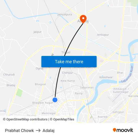 Prabhat Chowk to Adalaj map