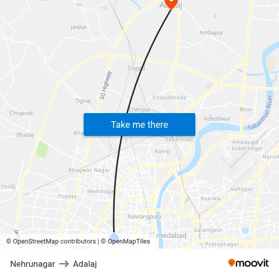 Nehrunagar to Adalaj map