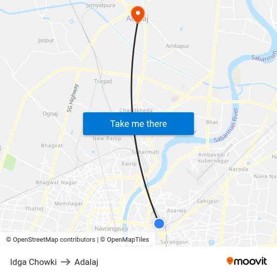 Idga Chowki to Adalaj map