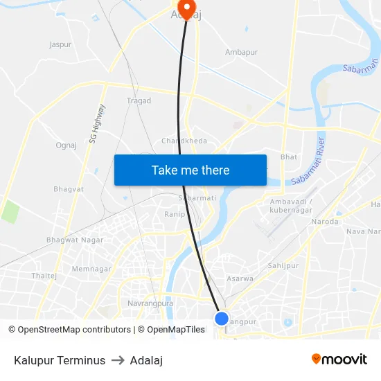 Kalupur Terminus to Adalaj map