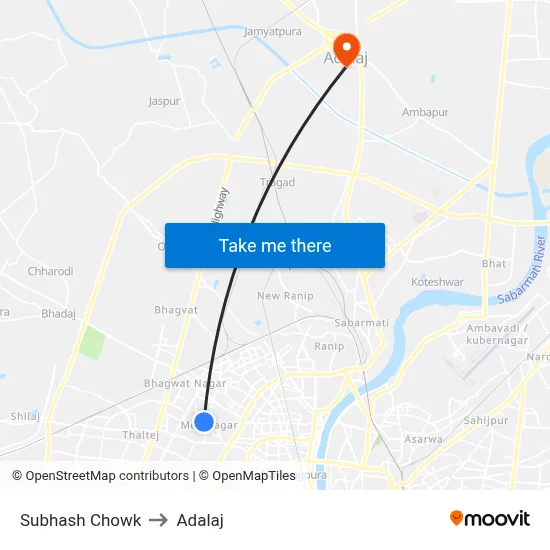 Subhash Chowk to Adalaj map