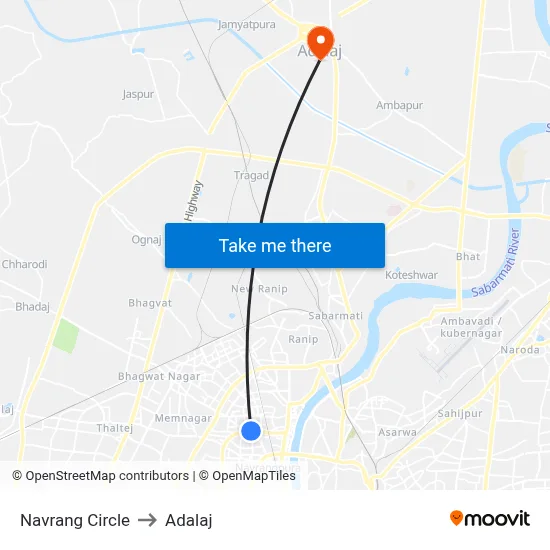 Navrang Circle to Adalaj map