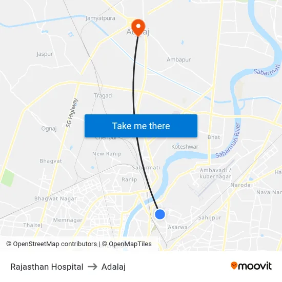 Rajasthan Hospital to Adalaj map
