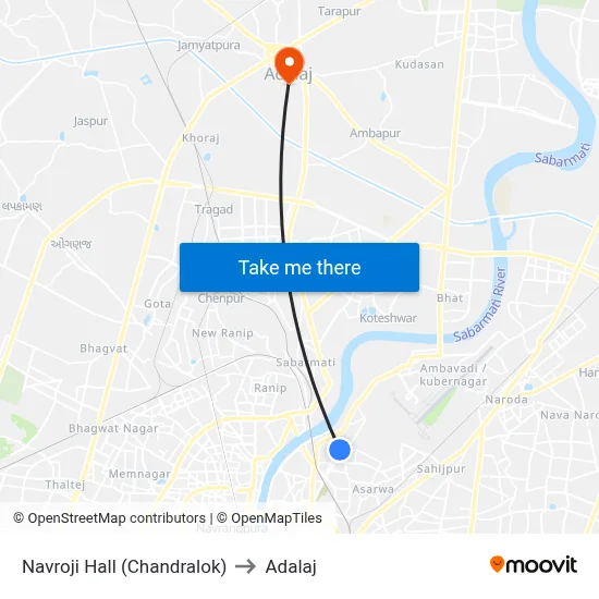 Navroji Hall (Chandralok) to Adalaj map