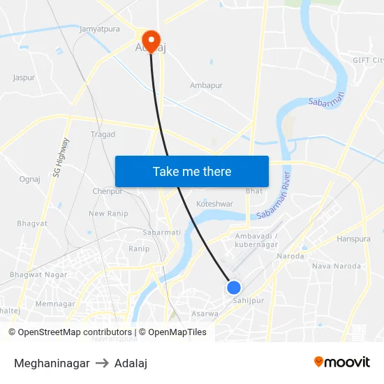 Meghaninagar to Adalaj map