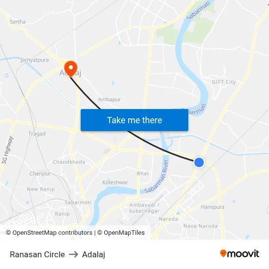 Ranasan Circle to Adalaj map
