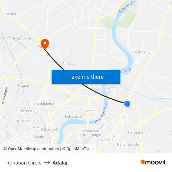Ranasan Circle to Adalaj map