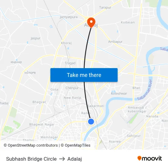Subhash Bridge Circle to Adalaj map