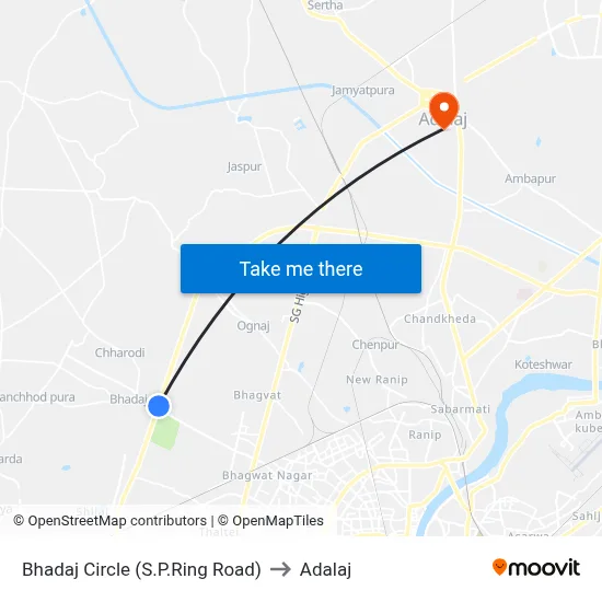 Bhadaj Circle (S.P.Ring Road) to Adalaj map