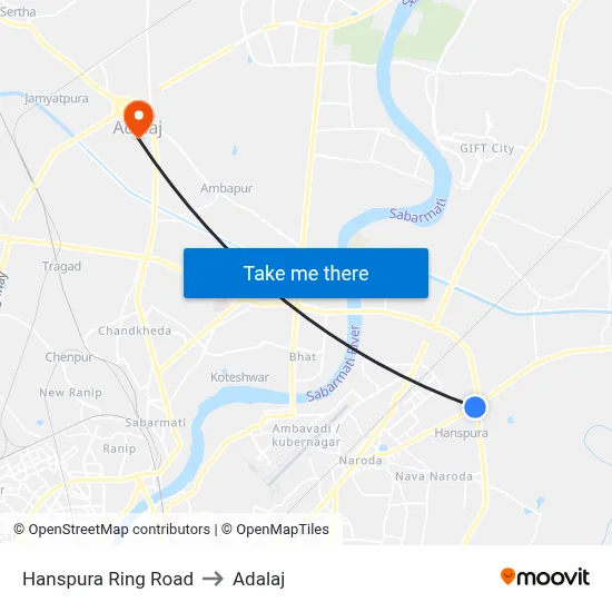 Hanspura Ring Road to Adalaj map