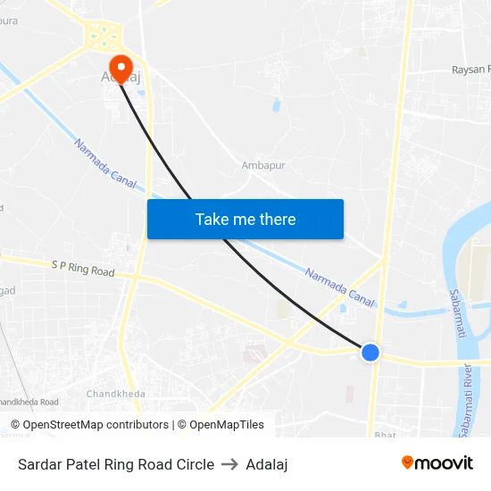 Sardar Patel Ring Road Circle to Adalaj map