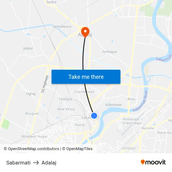 Sabarmati to Adalaj map