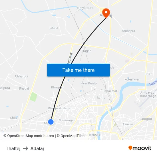 Thaltej to Adalaj map
