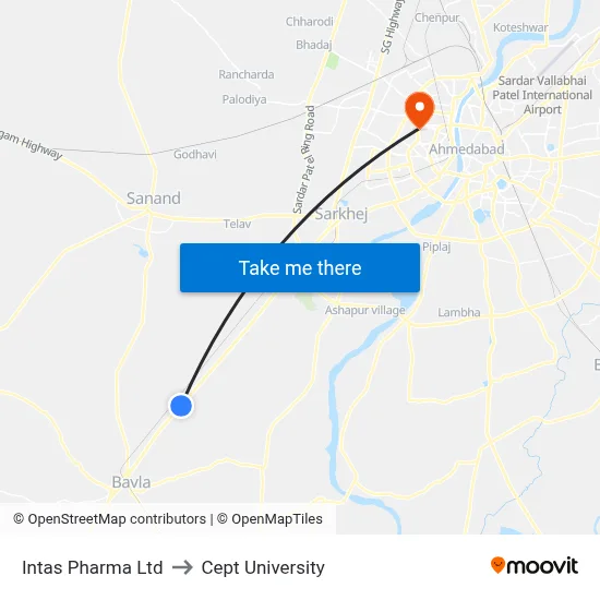 Intas Pharma Ltd to Cept University map