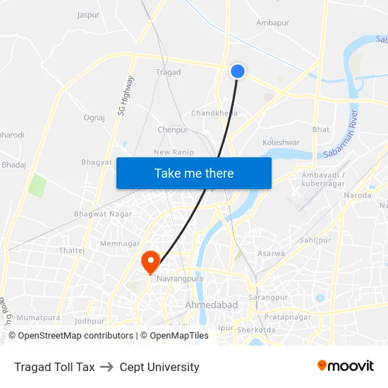 Tragad Toll Tax to Cept University map