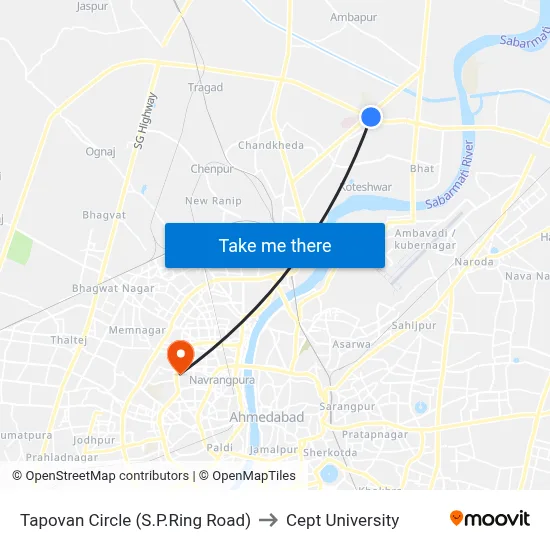 Tapovan Circle (S.P.Ring Road) to Cept University map