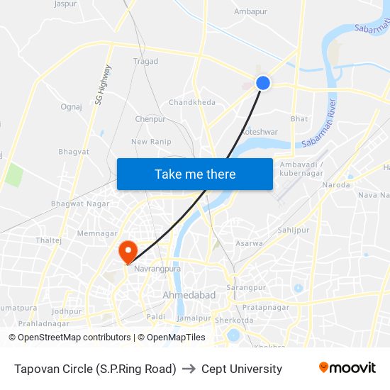 Tapovan Circle (S.P.Ring Road) to Cept University map