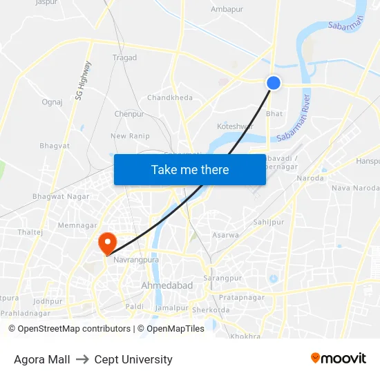 Agora Mall to Cept University map