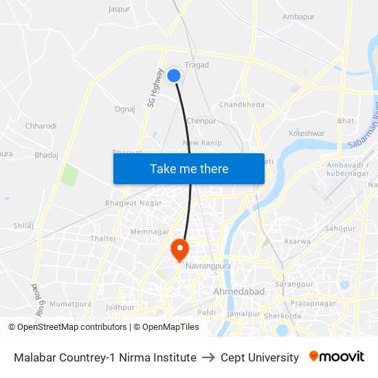 Malabar Countrey-1 Nirma Institute to Cept University map