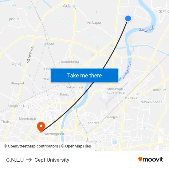 G.N.L.U to Cept University map