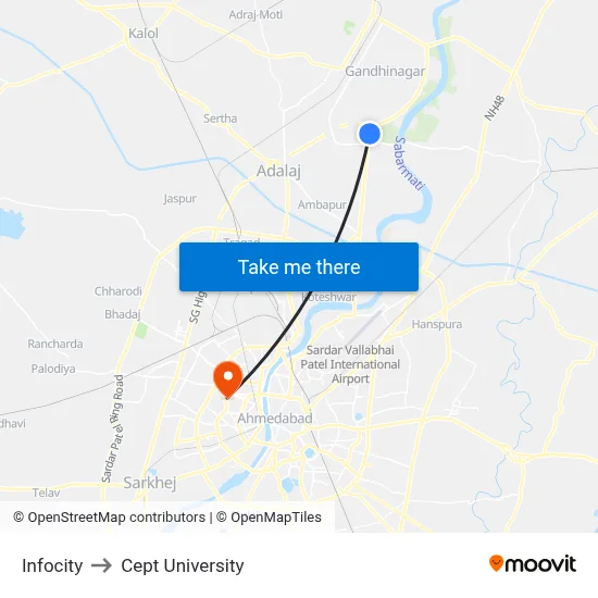 Infocity to Cept University map