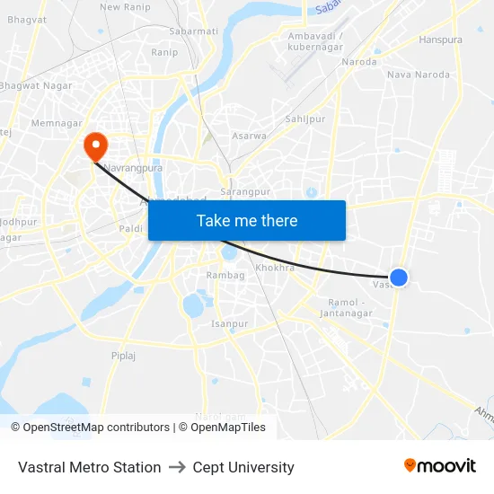 Vastral Metro Station to Cept University map