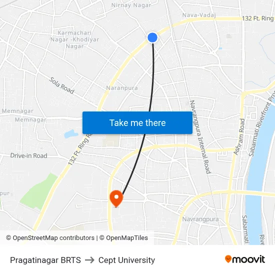 Pragatinagar BRTS to Cept University map