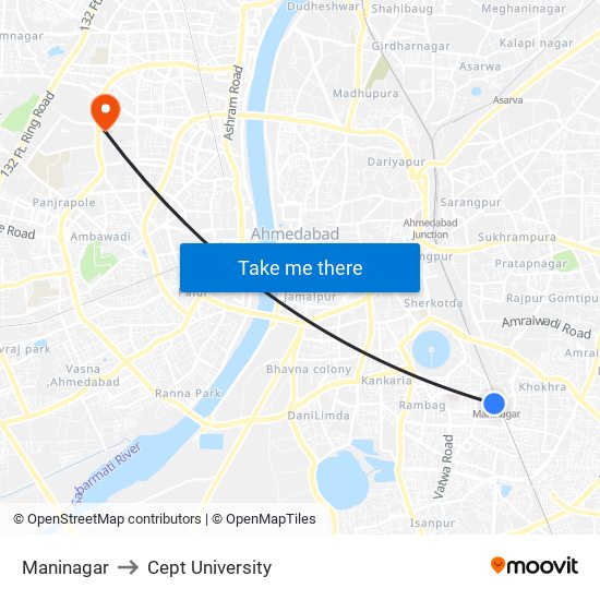 Maninagar to Cept University map