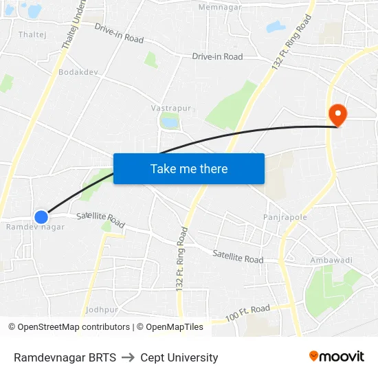 Ramdevnagar BRTS to Cept University map
