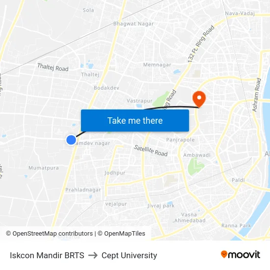 Iskcon Mandir BRTS to Cept University map