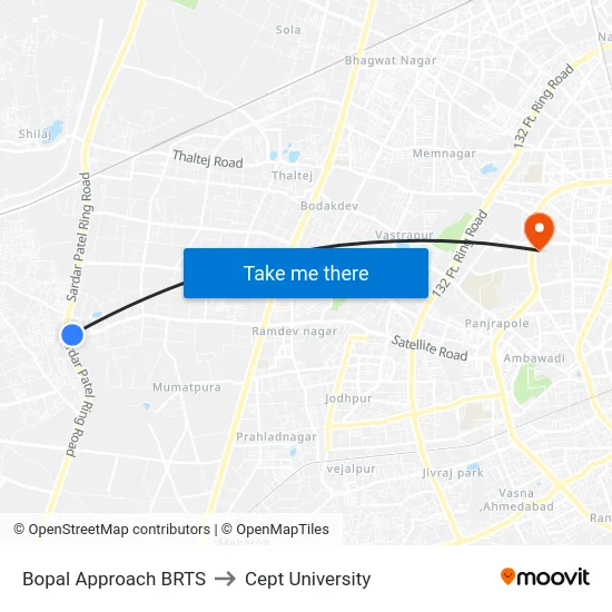 Bopal Approach BRTS to Cept University map