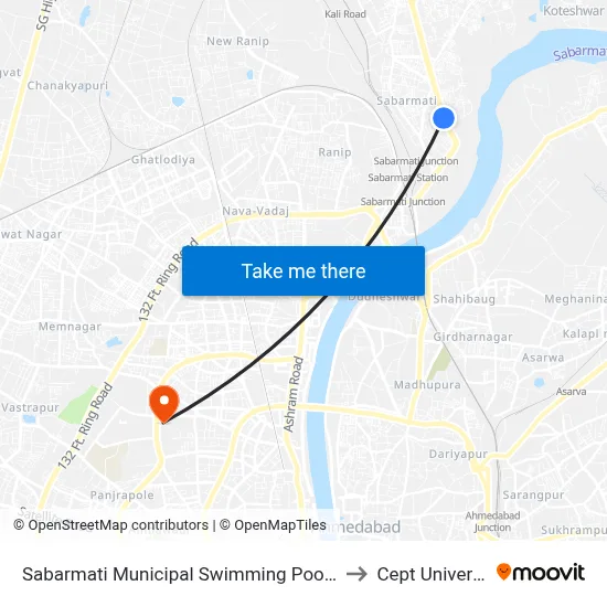 Sabarmati Municipal Swimming Pool BRTS to Cept University map